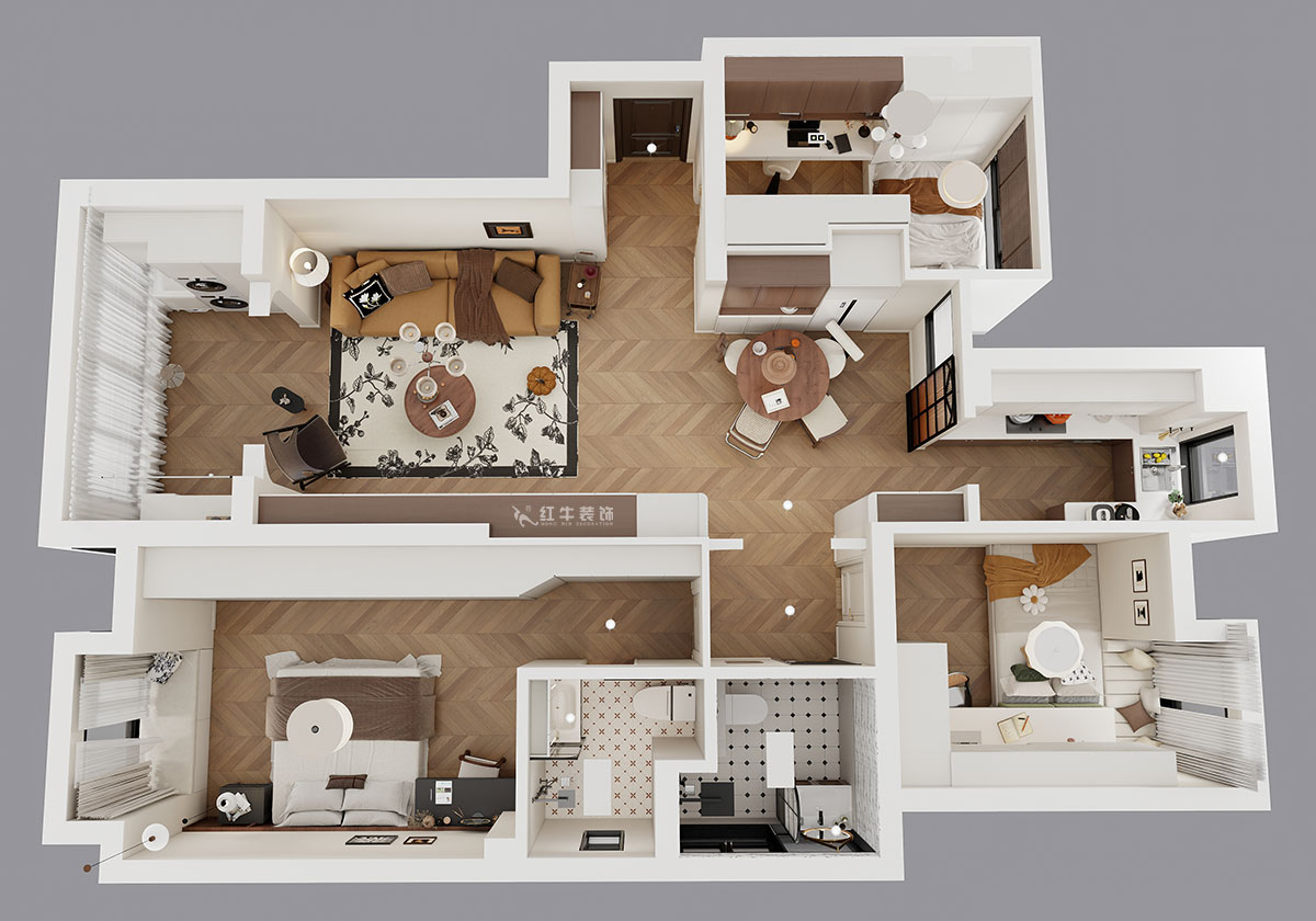 朱明琪｜金地自在城8街区5-1-501-111㎡-中古风｜3室1厅2卫｜老房装修｜定制家｜全包15万｜00_04鸟瞰图